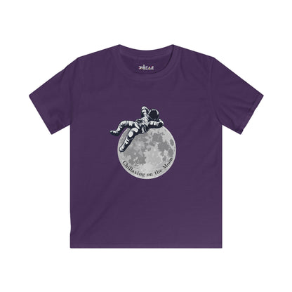 Purple kids t-shirt from Printify featuring an astronaut floating above the moon moon kids tee
