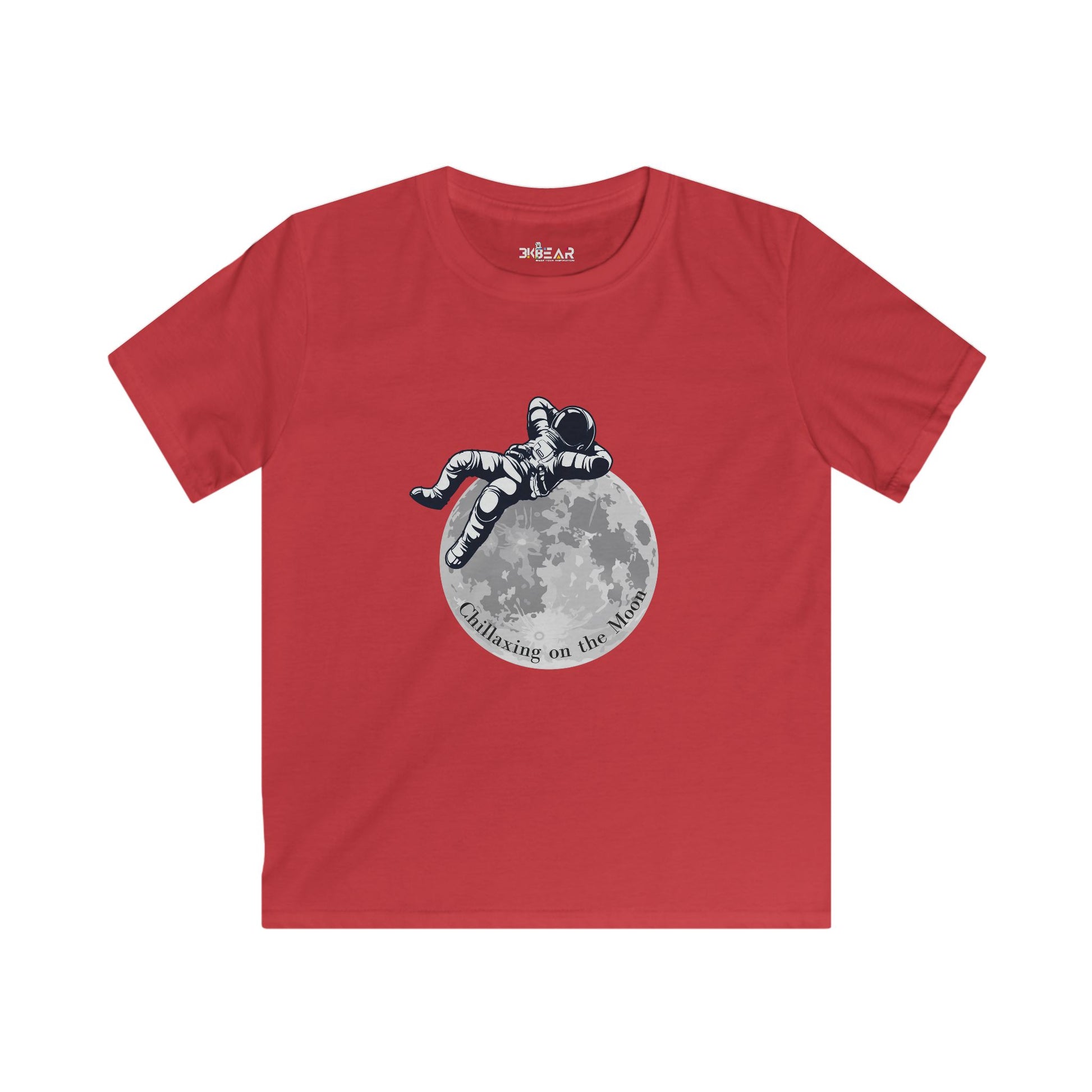 Red kids t-shirt with astronaut lounging on moon graphic moon kids tee by Printify