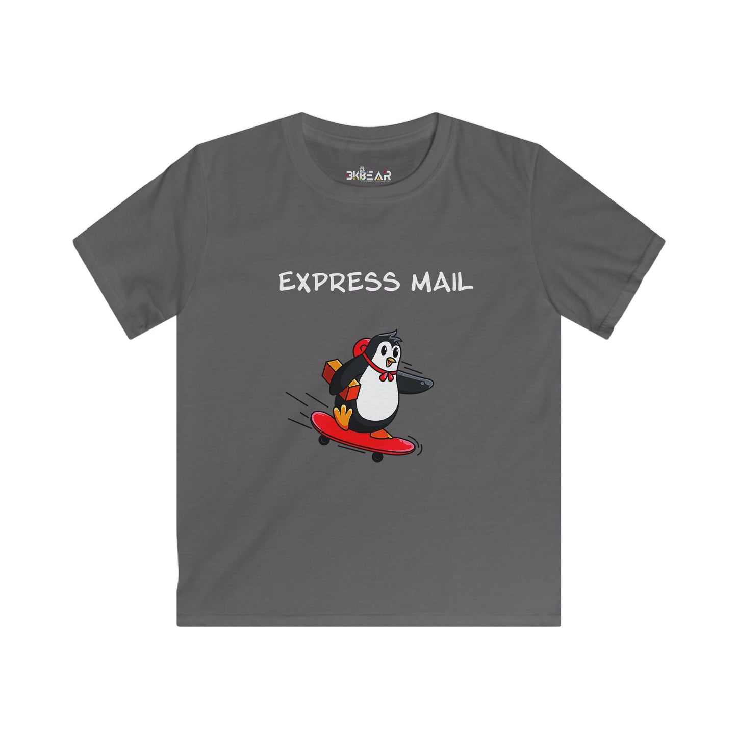 Gray kids shirt from Printify with fun positive shirt for kids design featuring a penguin on a skateboard and Express Mail text