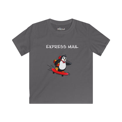 Gray kids shirt from Printify with fun positive shirt for kids design featuring a penguin on a skateboard and Express Mail text