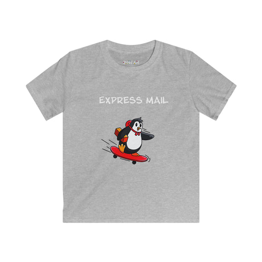 Gray kids shirt with a cartoon penguin on a skateboard and text Express Mail fun positive shirt for kids