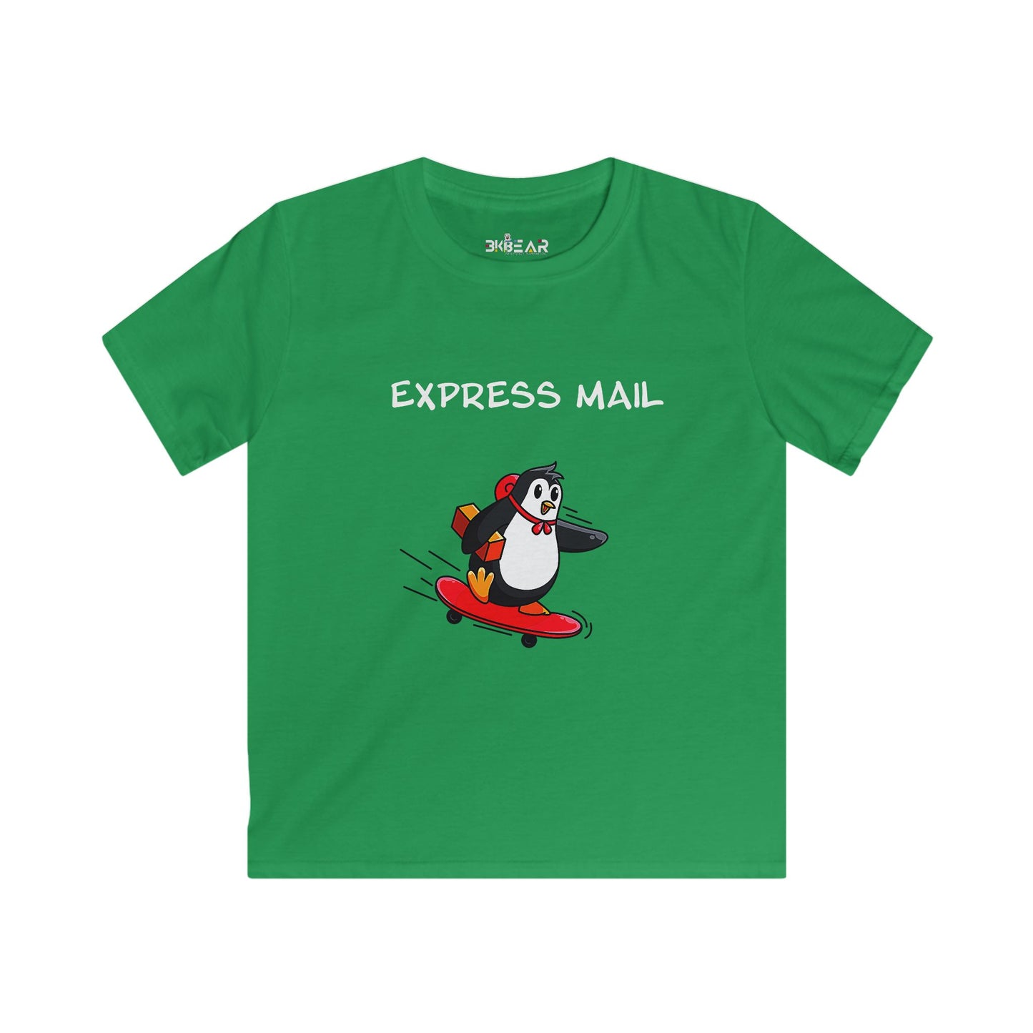 Green kids shirt by Printify with cartoon penguin on skateboard and express mail text fun positive shirt for kids