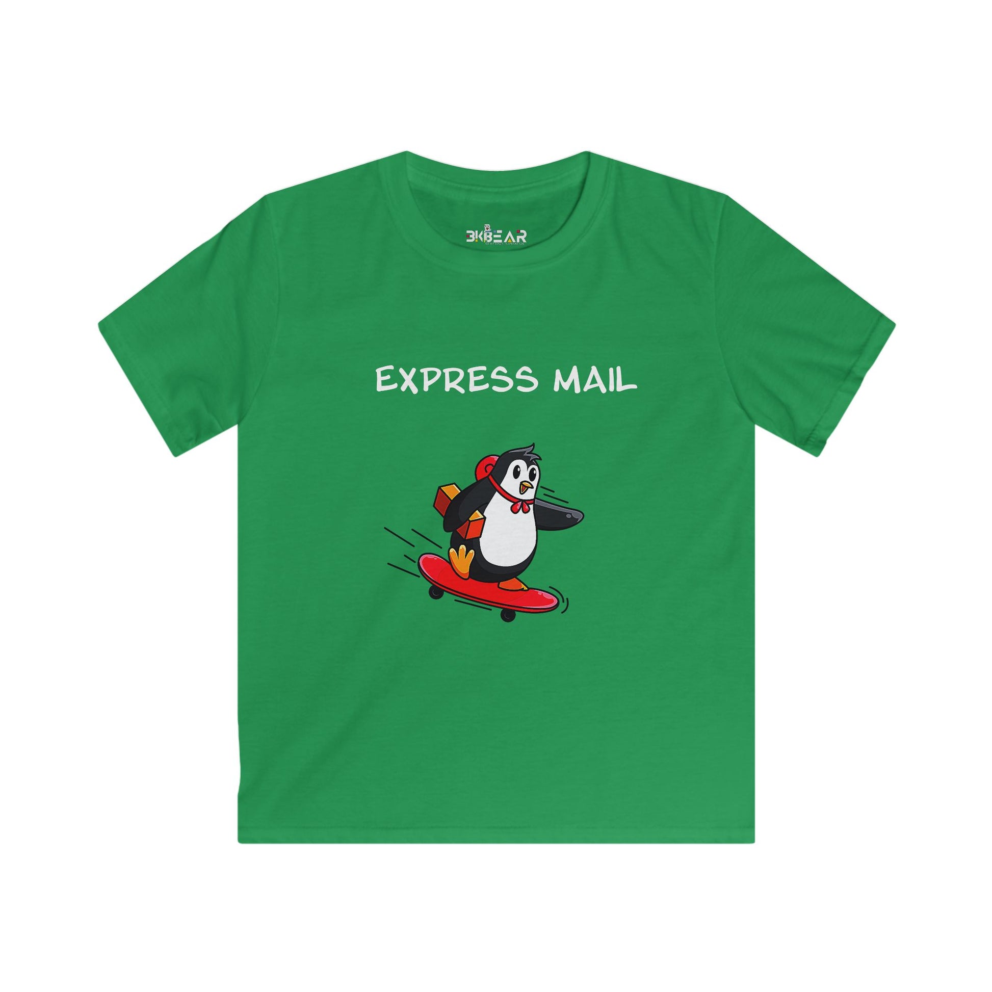 Green kids shirt by Printify with cartoon penguin on skateboard and express mail text fun positive shirt for kids
