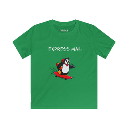 Green kids shirt by Printify with cartoon penguin on skateboard and express mail text fun positive shirt for kids