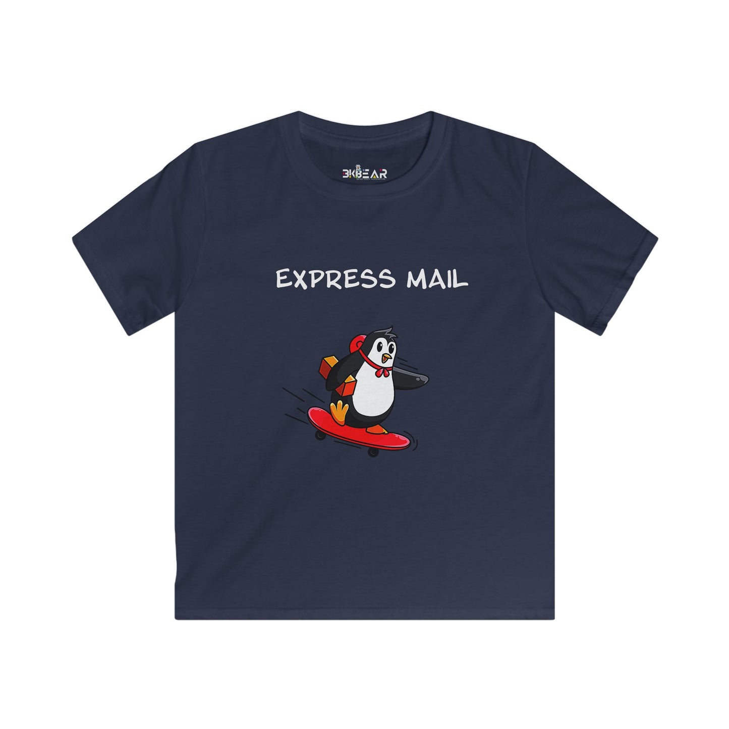 Navy fun positive shirt for kids with cartoon penguin on skateboard and express mail text