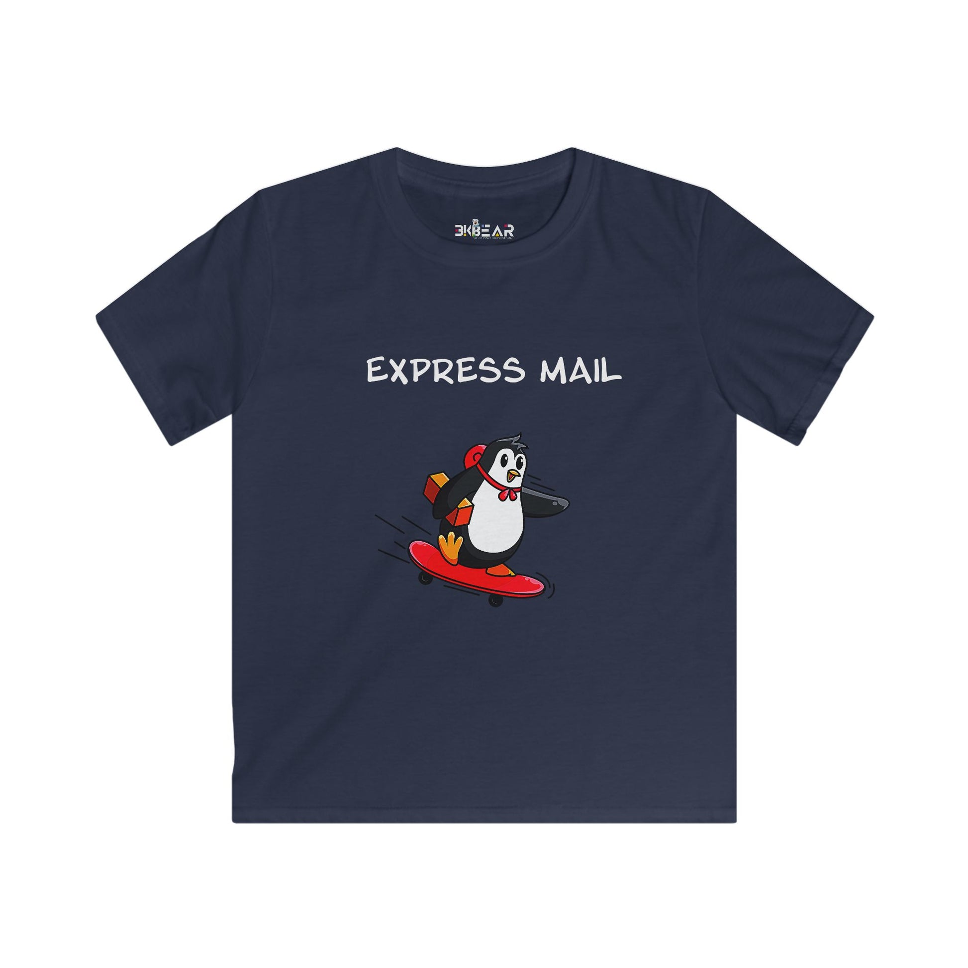 Navy fun positive shirt for kids with cartoon penguin on skateboard and express mail text
