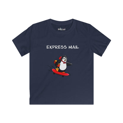 Navy fun positive shirt for kids with cartoon penguin on skateboard and express mail text
