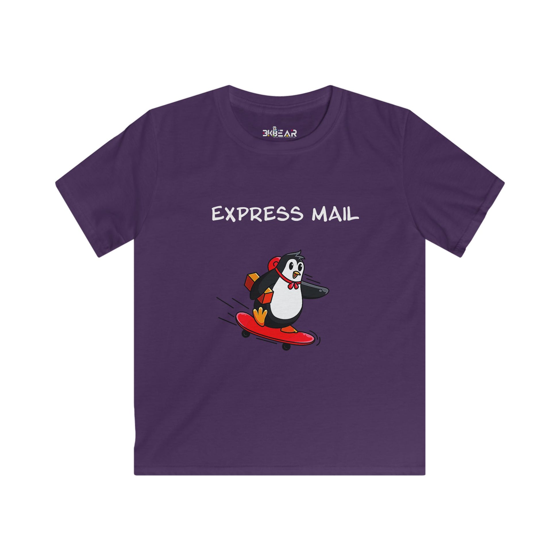 Purple fun positive shirt for kids with cartoon penguin riding skateboard and express mail text