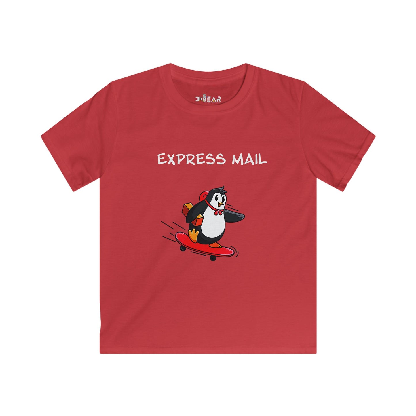 Red kids t-shirt from Printify featuring a fun positive shirt for kids with a penguin on a skateboard and Express Mail text