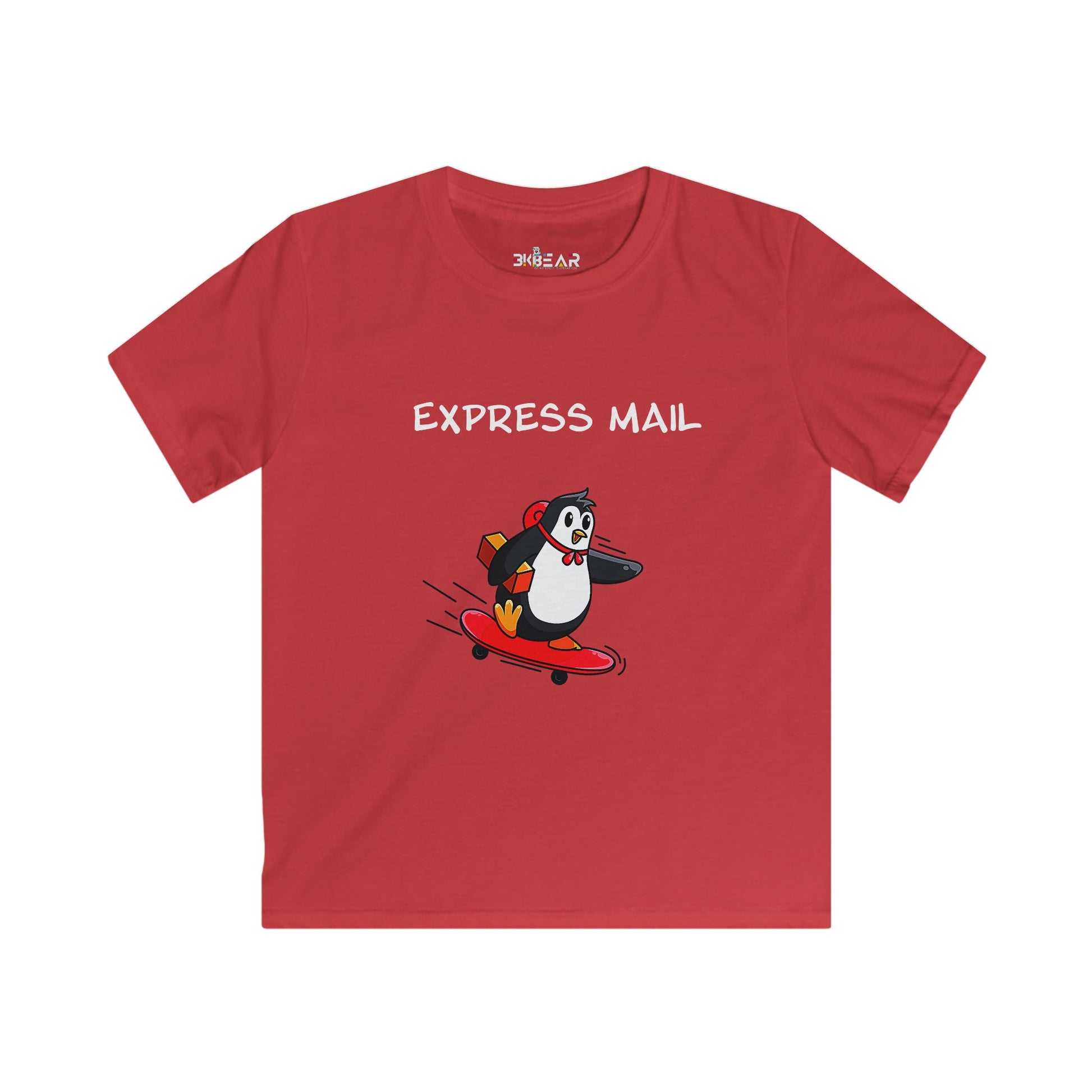Red kids t-shirt from Printify featuring a fun positive shirt for kids with a penguin on a skateboard and Express Mail text
