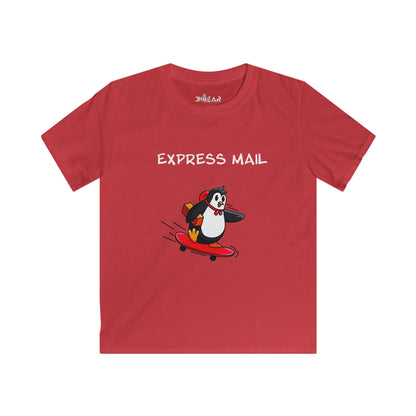 Red kids t-shirt from Printify featuring a fun positive shirt for kids with a penguin on a skateboard and Express Mail text