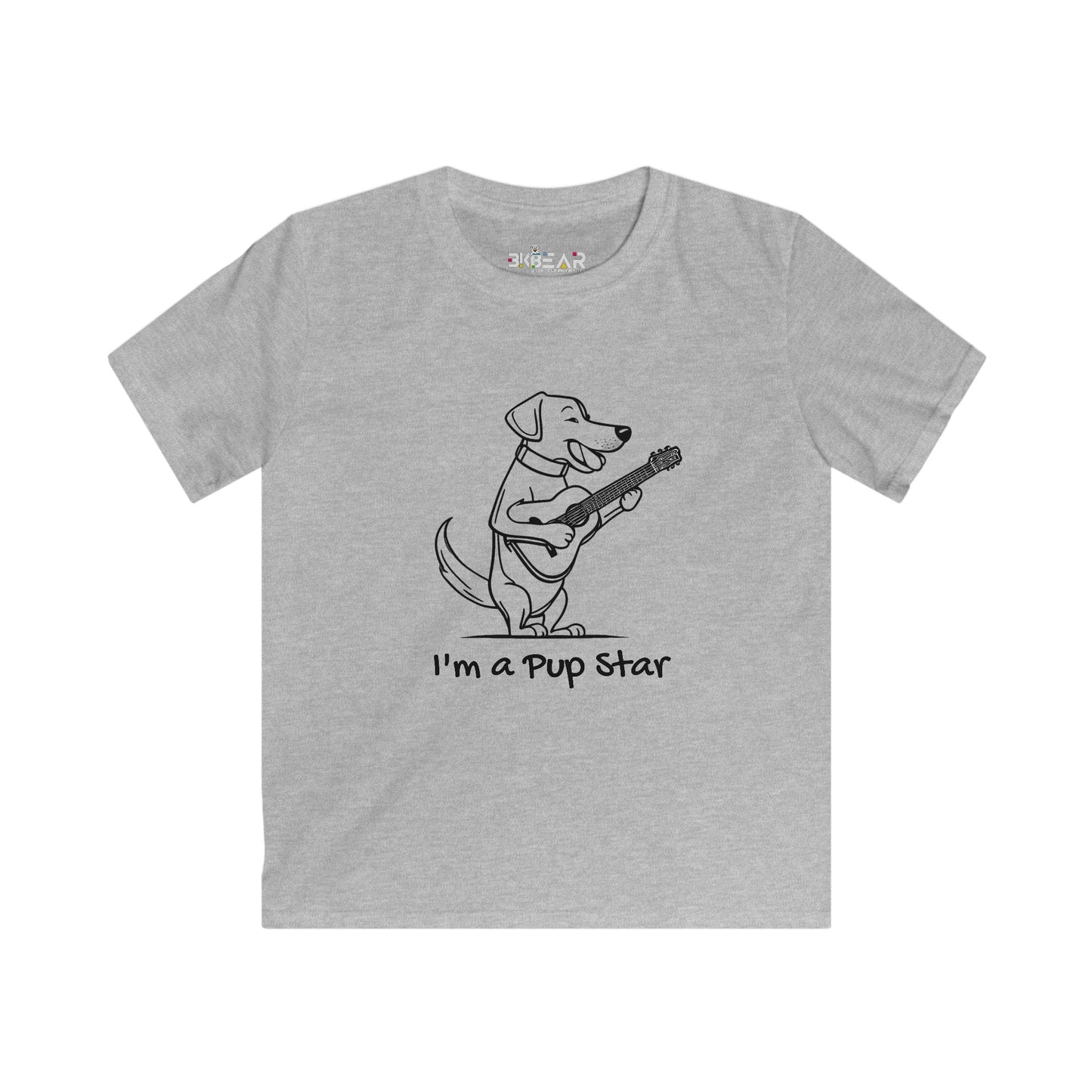 Printify dog graphic tee kids with a playful dog playing guitar and text I'm a pup star on gray fabric