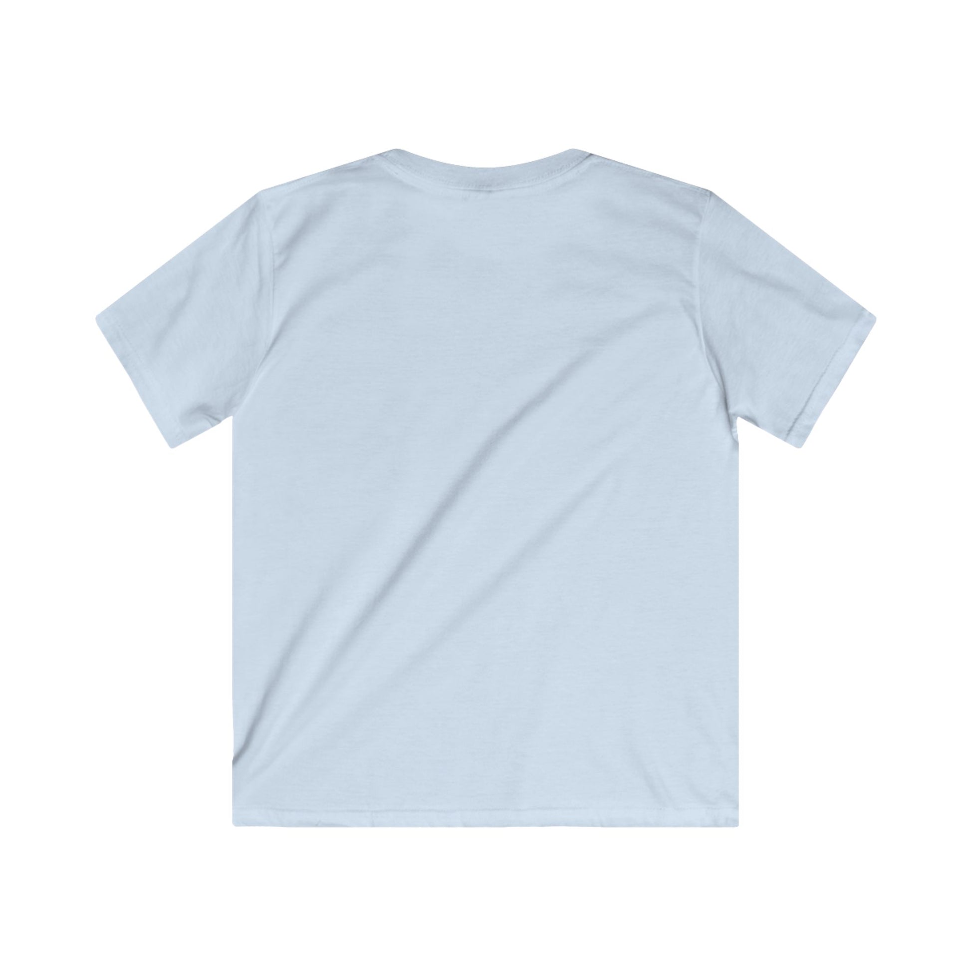 Back view of light blue dog graphic tee kids from Printify made of soft cotton fabric