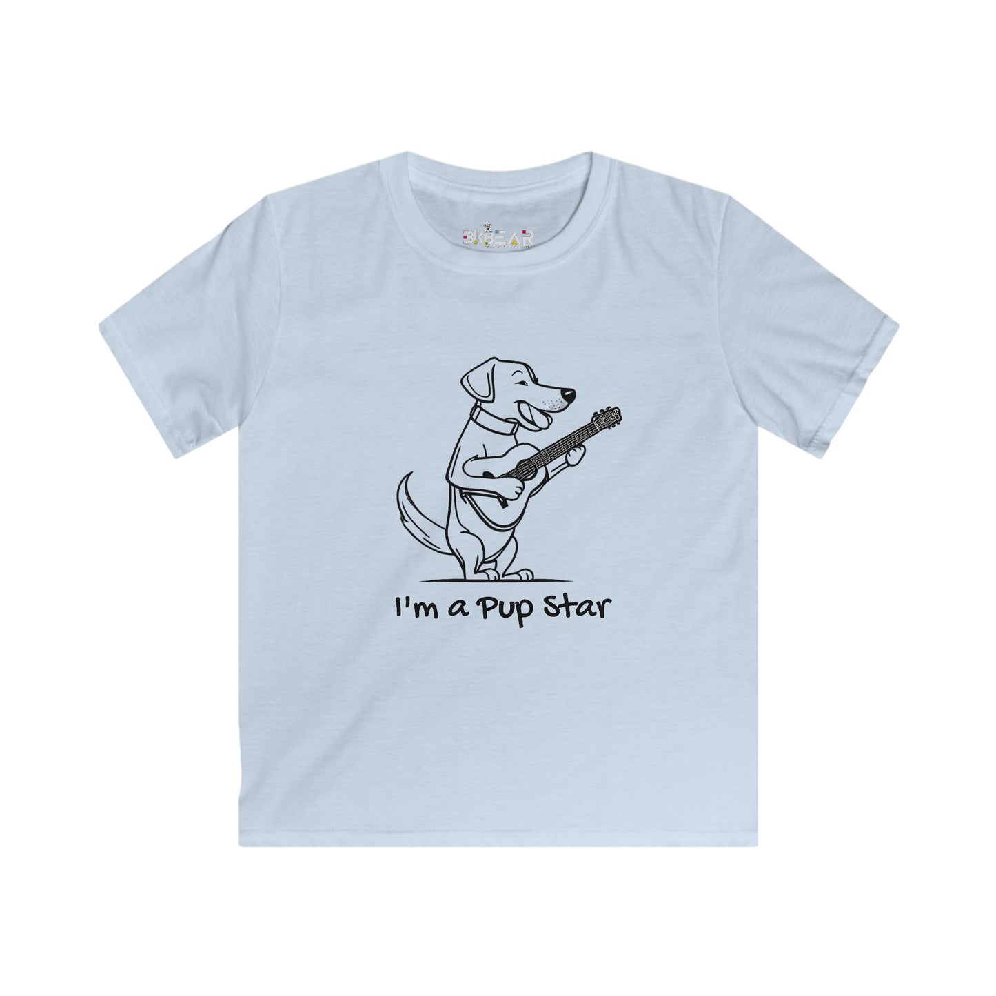 Light blue dog graphic tee kids with cartoon dog playing guitar and text I'm a pup star