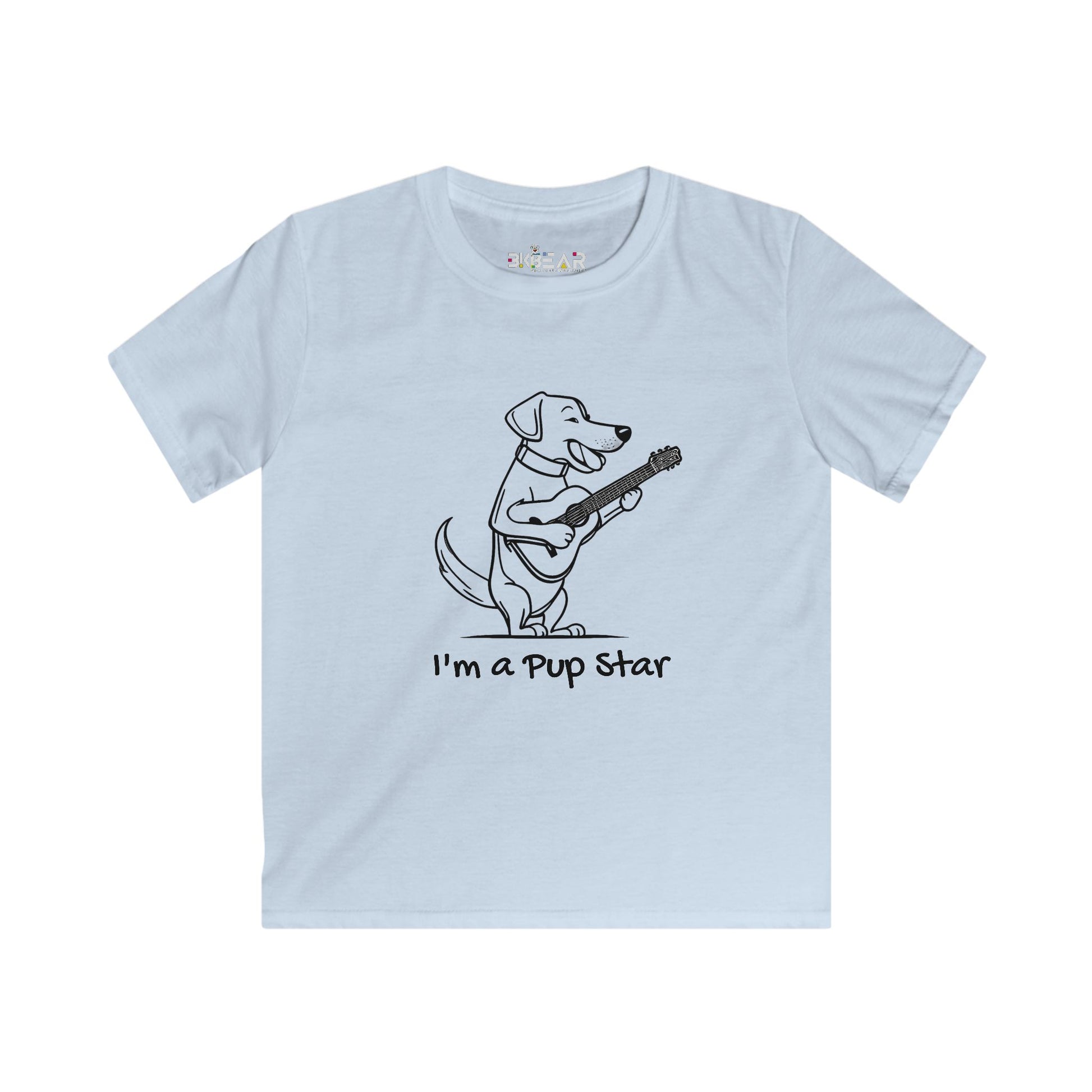 Light blue dog graphic tee kids with cartoon dog playing guitar and text I'm a pup star