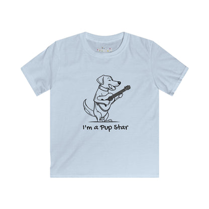 Light blue dog graphic tee kids with cartoon dog playing guitar and text I'm a pup star