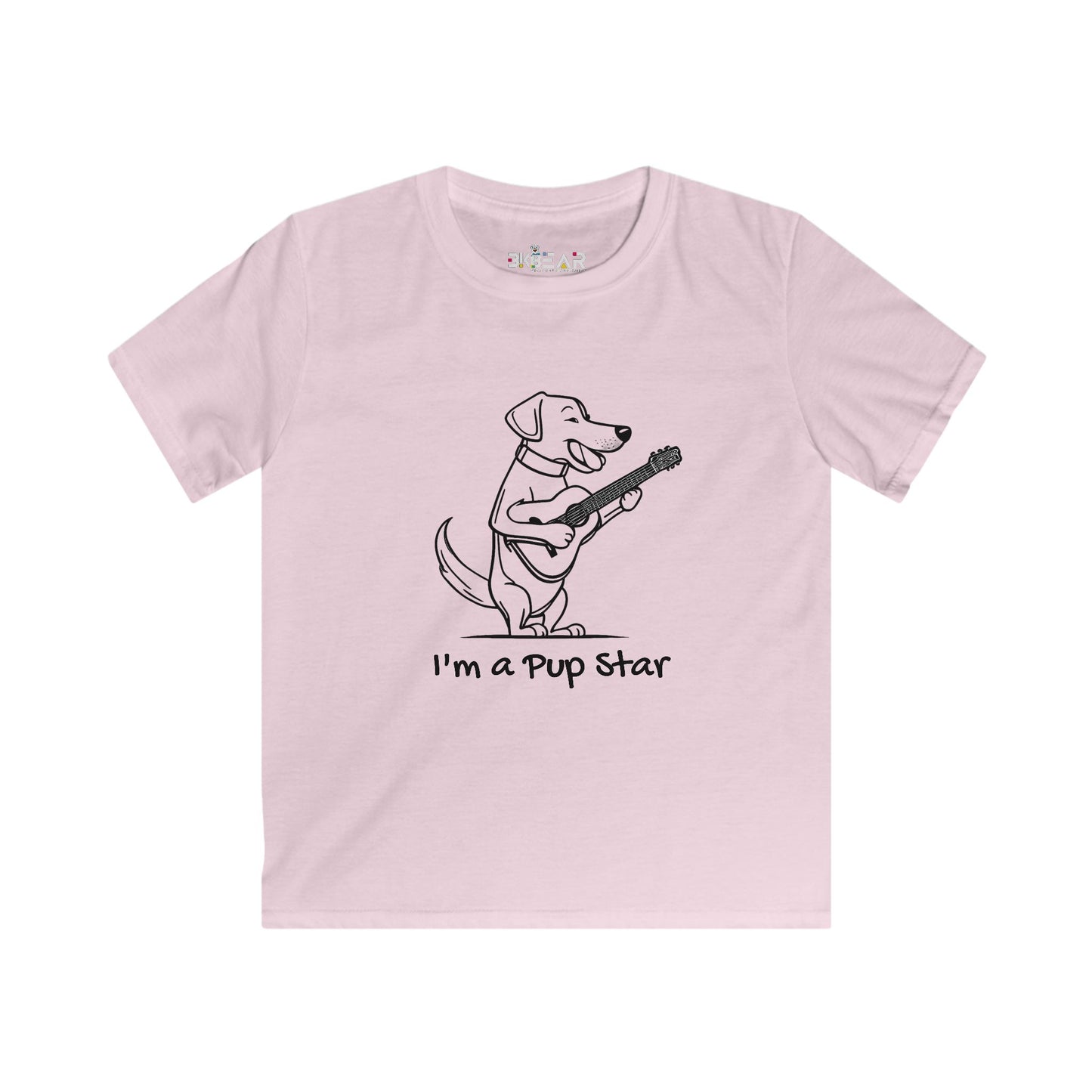 Light pink dog graphic tee kids with a cute dog playing guitar and text I'm a pup star
