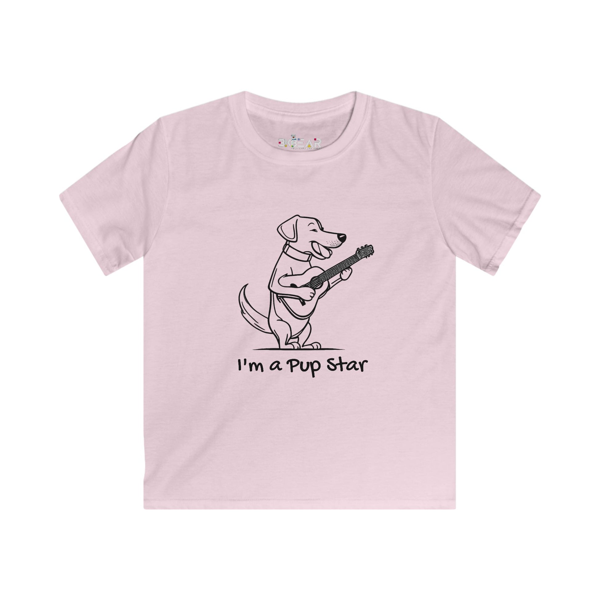 Light pink dog graphic tee kids with a cute dog playing guitar and text I'm a pup star