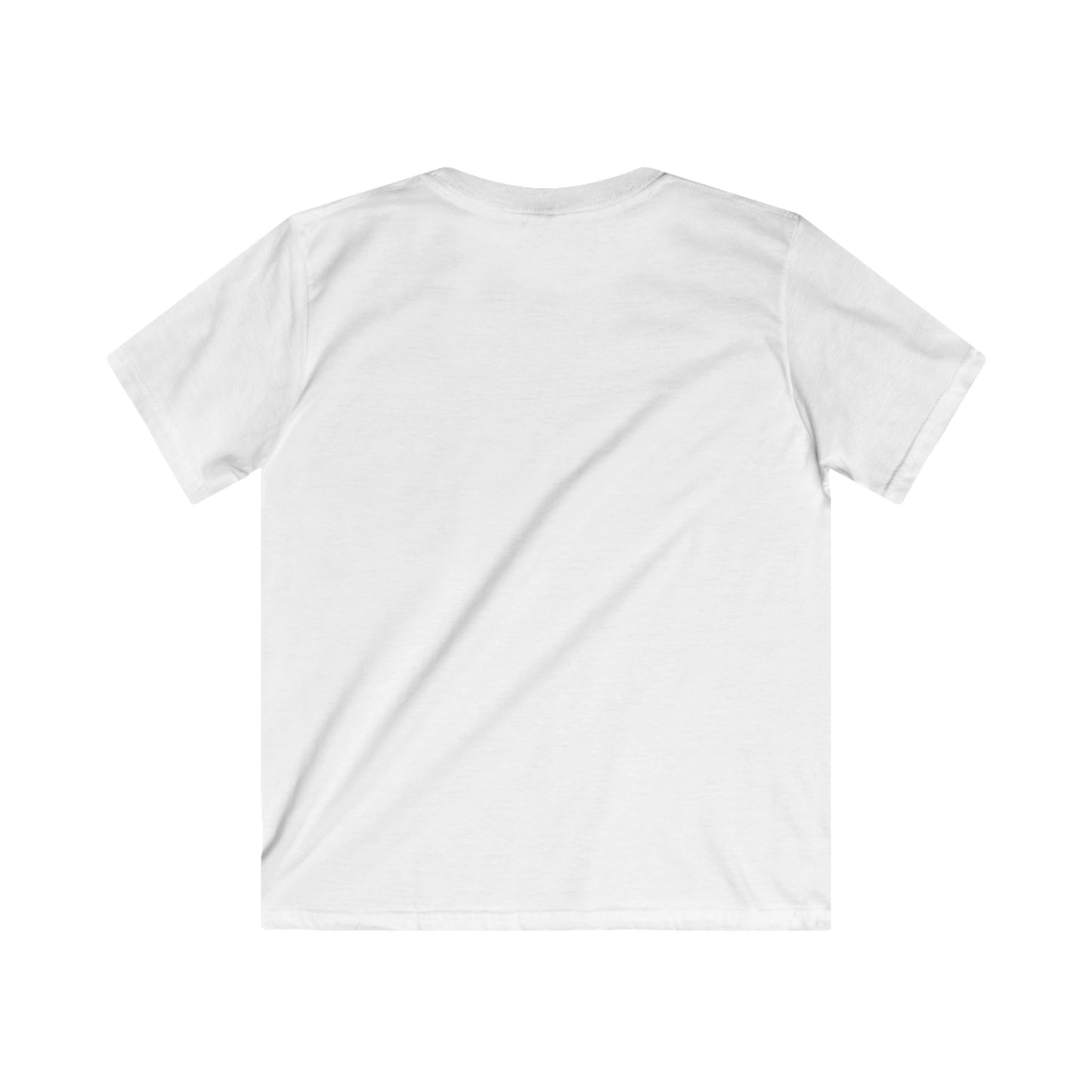 Back view of a white dog graphic tee kids made by Printify in a simple short sleeve design