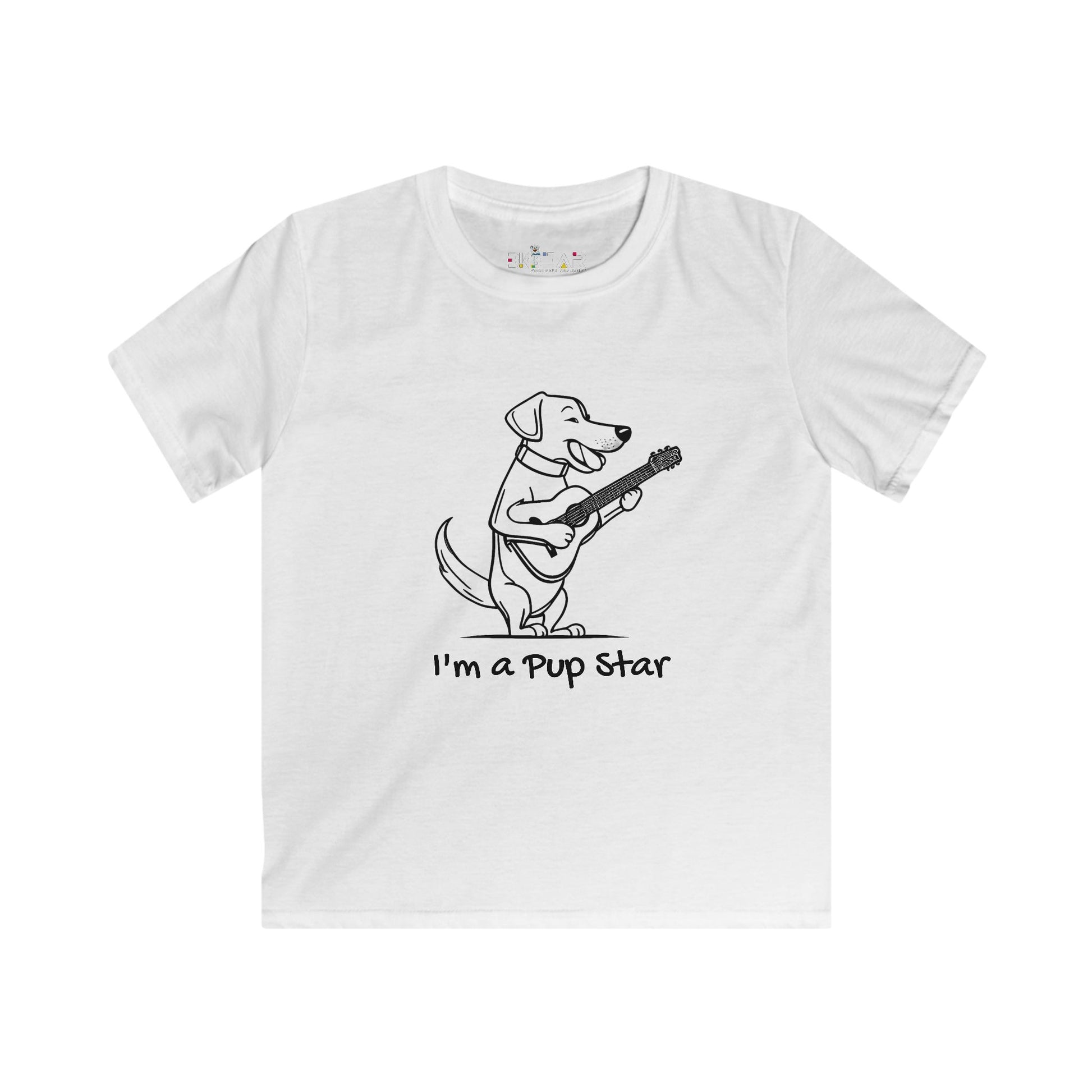 White dog graphic tee kids with a cartoon dog playing guitar and text I’m a Pup Star