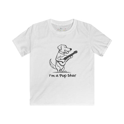 White dog graphic tee kids with a cartoon dog playing guitar and text I’m a Pup Star