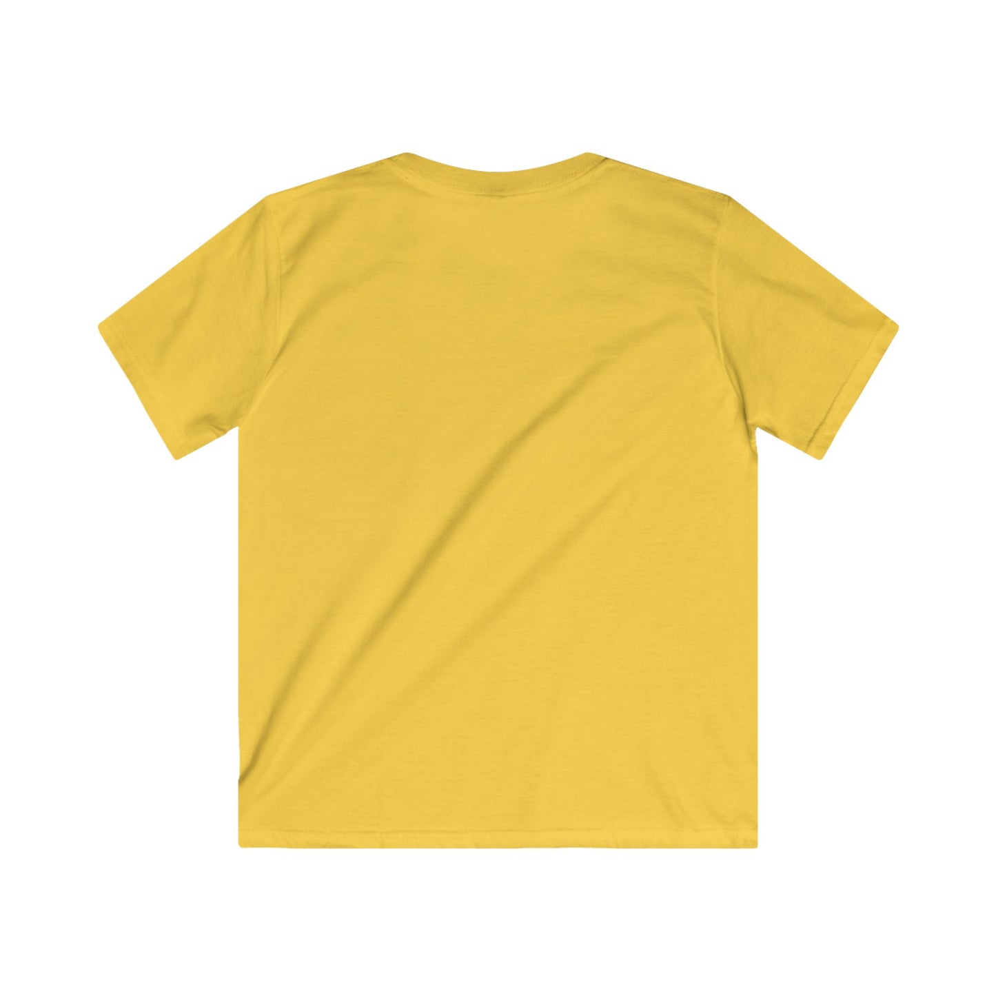 Back view of yellow dog graphic tee kids made by Printify in soft cotton fabric