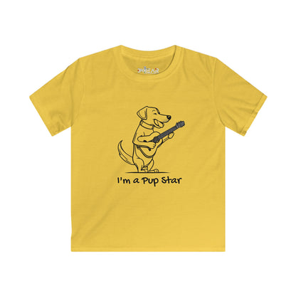 Yellow dog graphic tee kids with a playful pup playing guitar and I'm a pup star text