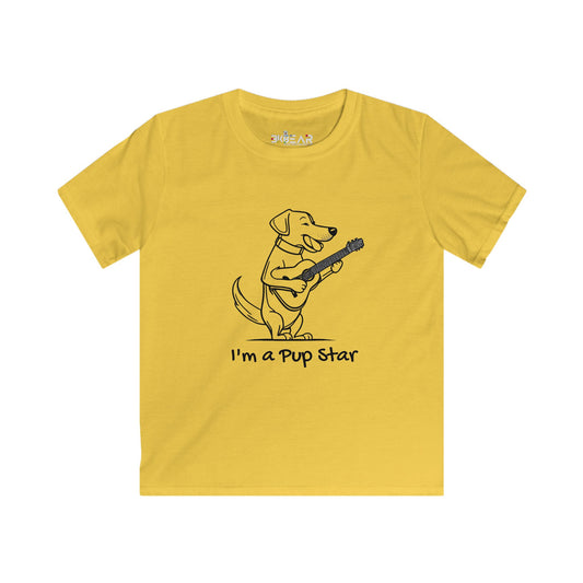 Yellow dog graphic tee kids with a playful pup playing guitar and I'm a pup star text