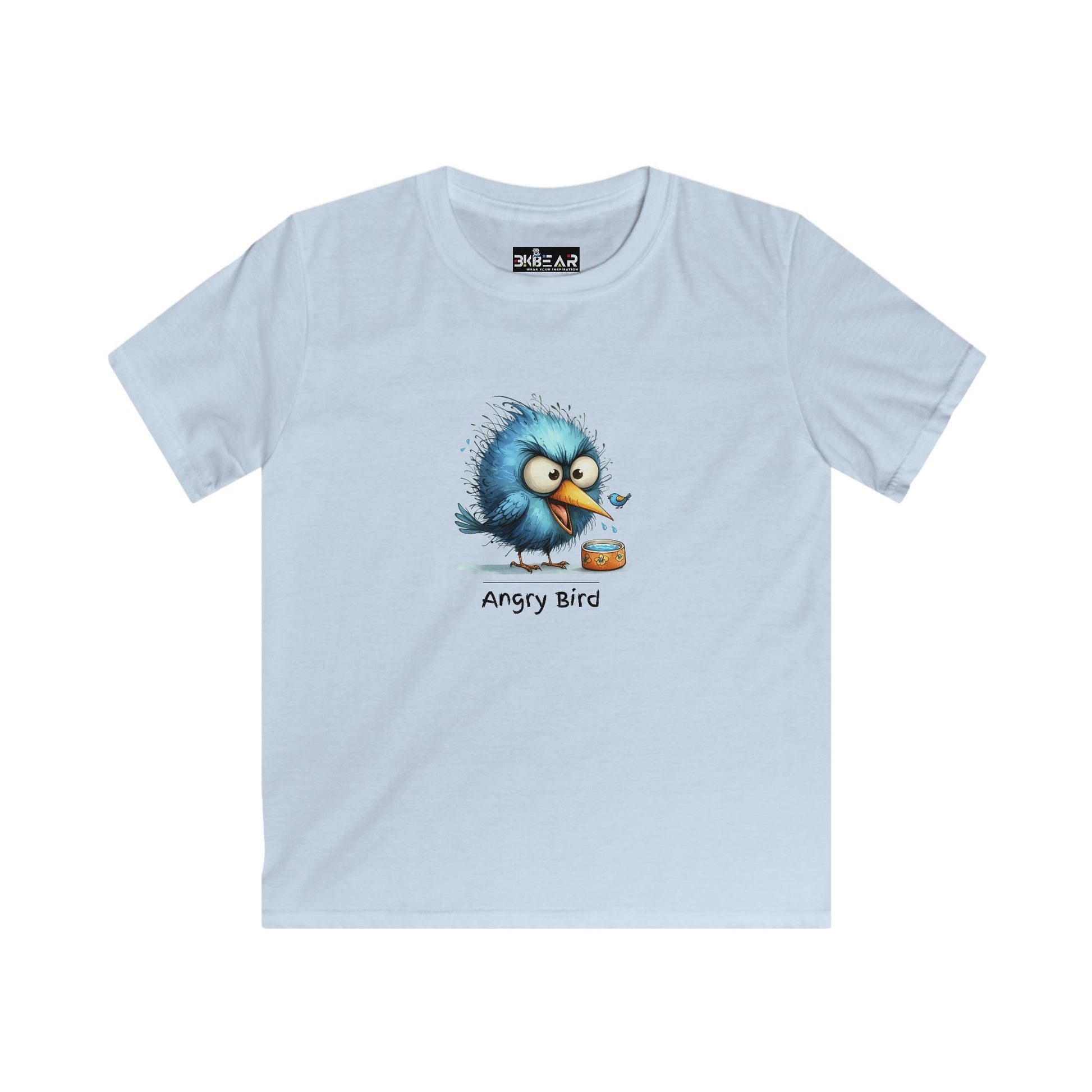 Light blue kids t-shirt with funny angry bird graphic and text printed by Printify funny inspirational kids tee shirts