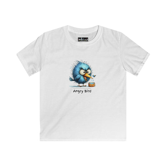 White kids t-shirt with funny inspirational kids tee shirts design featuring a cute angry blue bird graphic