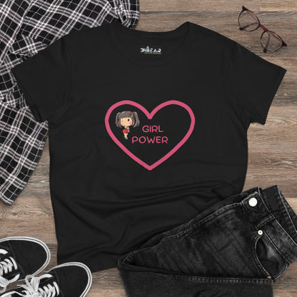 Black Printify girl power shirt with pink heart and cartoon girl graphic laid flat with jeans and sneakers