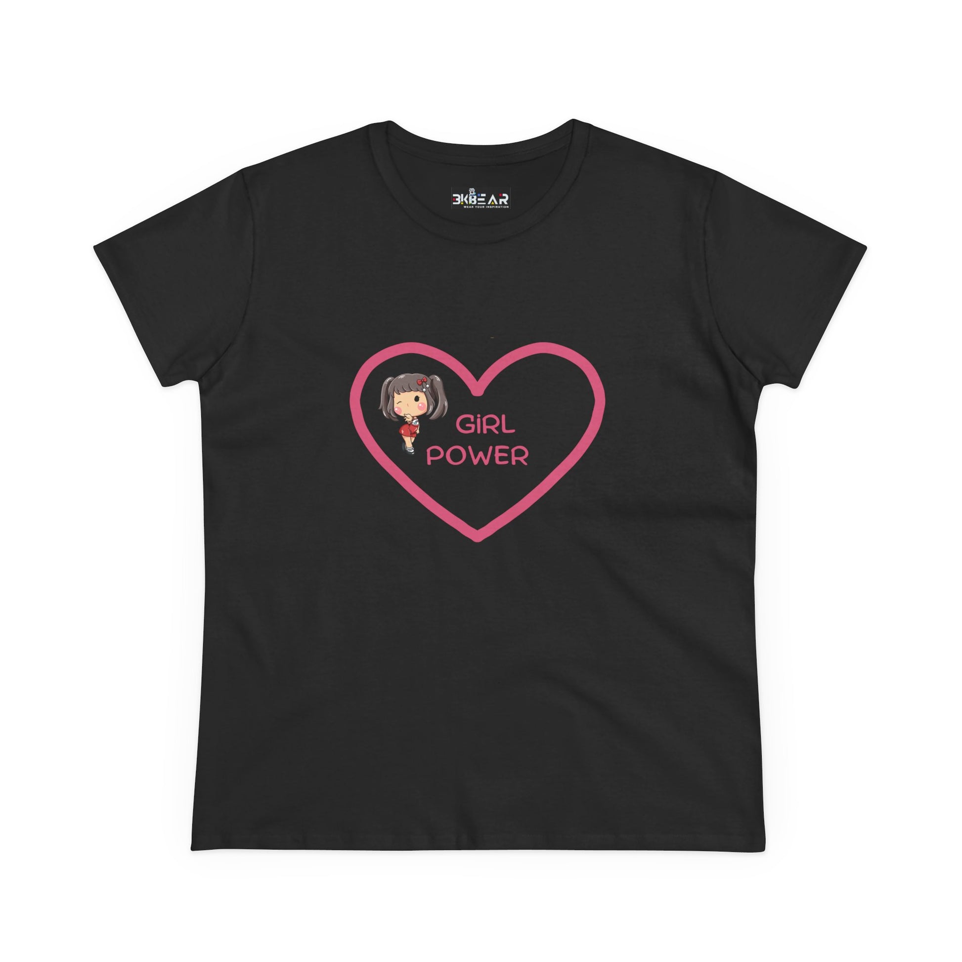 Black Printify girl power shirt with pink heart and girl graphic in center