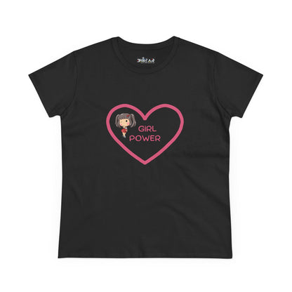 Black Printify girl power shirt with pink heart and girl graphic in center