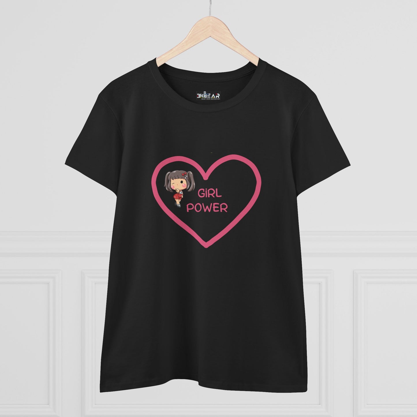 Black Printify t-shirt with pink heart and girl power shirt text and girl cartoon design