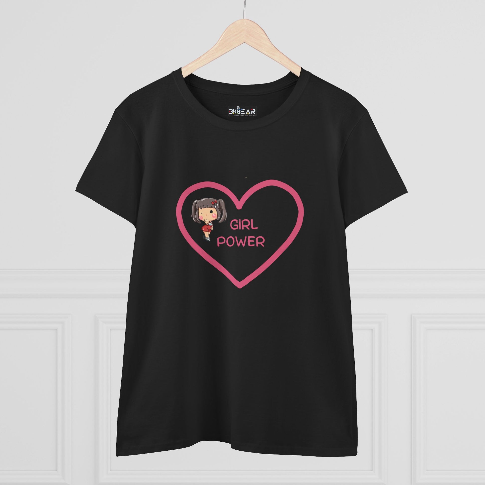 Black Printify t-shirt with pink heart and girl power shirt text and girl cartoon design