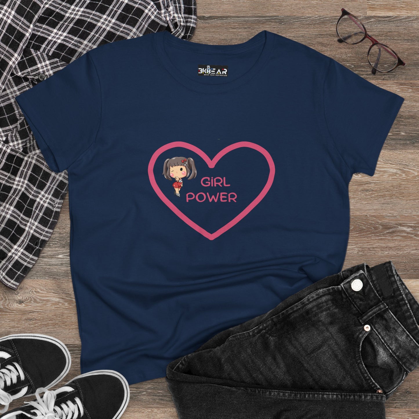 Navy blue girl power shirt with pink heart and cartoon girl graphic from Printify