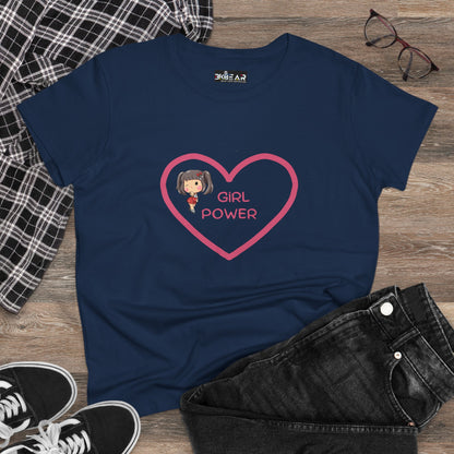 Navy blue girl power shirt with pink heart and cartoon girl graphic from Printify