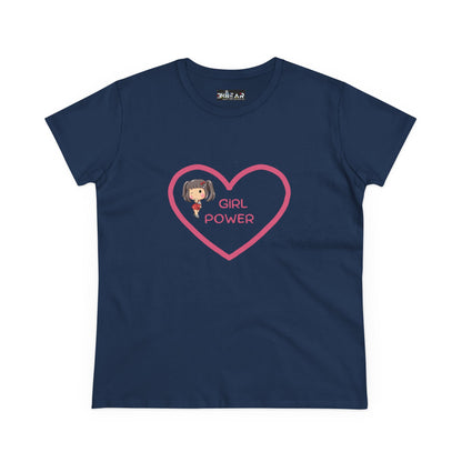 Navy blue Printify girl power shirt with pink heart and girl graphic on front