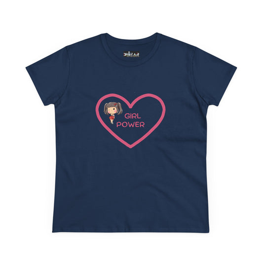 Navy blue Printify girl power shirt with pink heart and girl graphic on front