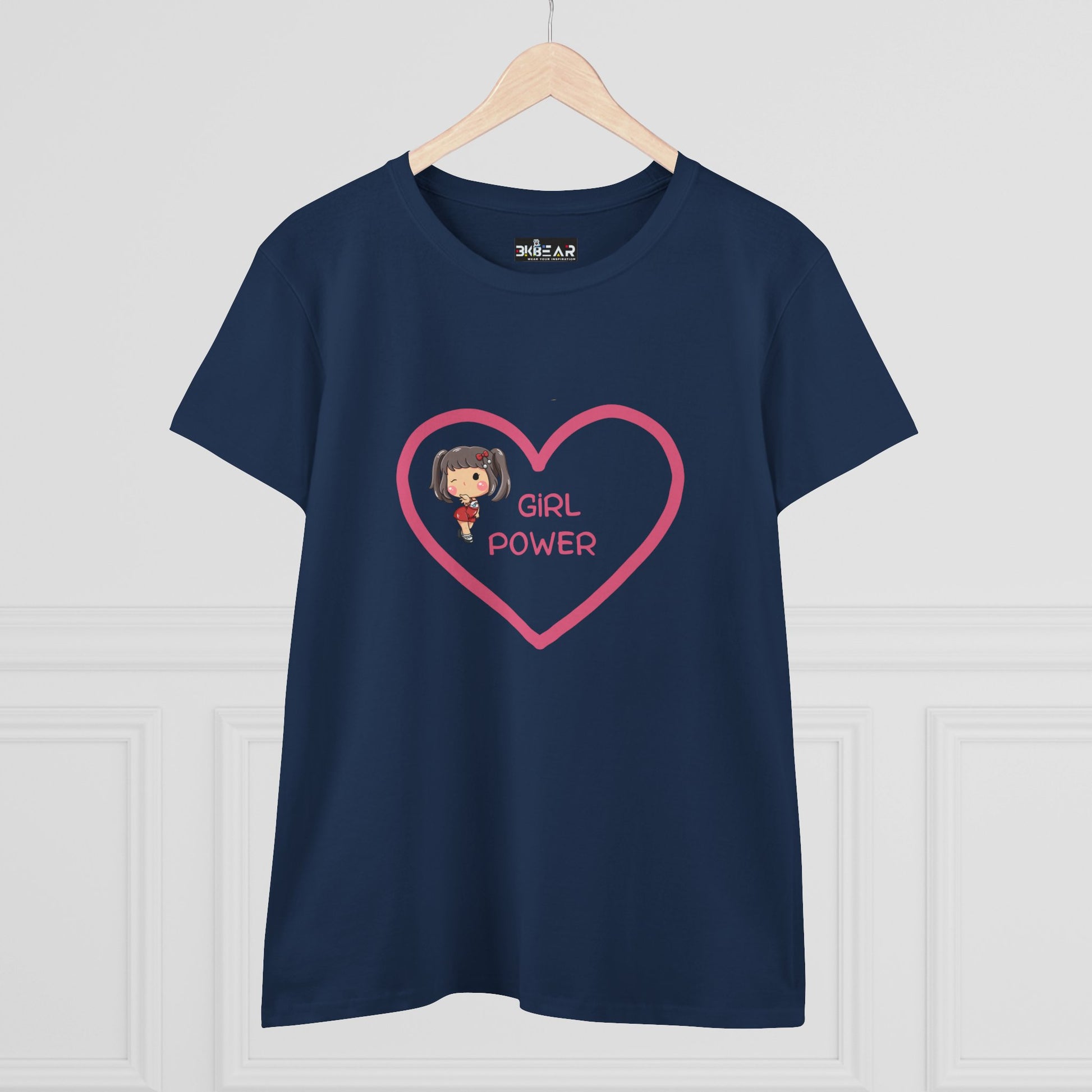 Navy blue girl power shirt with pink heart and cartoon girl graphic by Printify