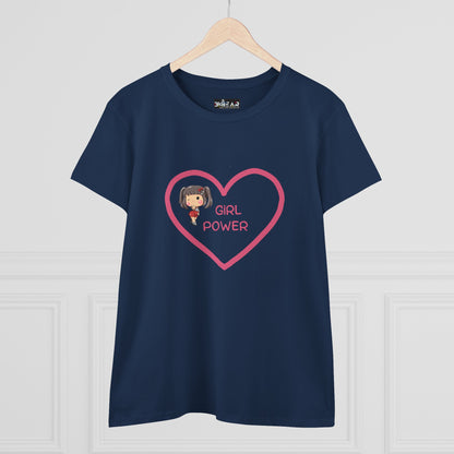 Navy blue girl power shirt with pink heart and cartoon girl graphic by Printify