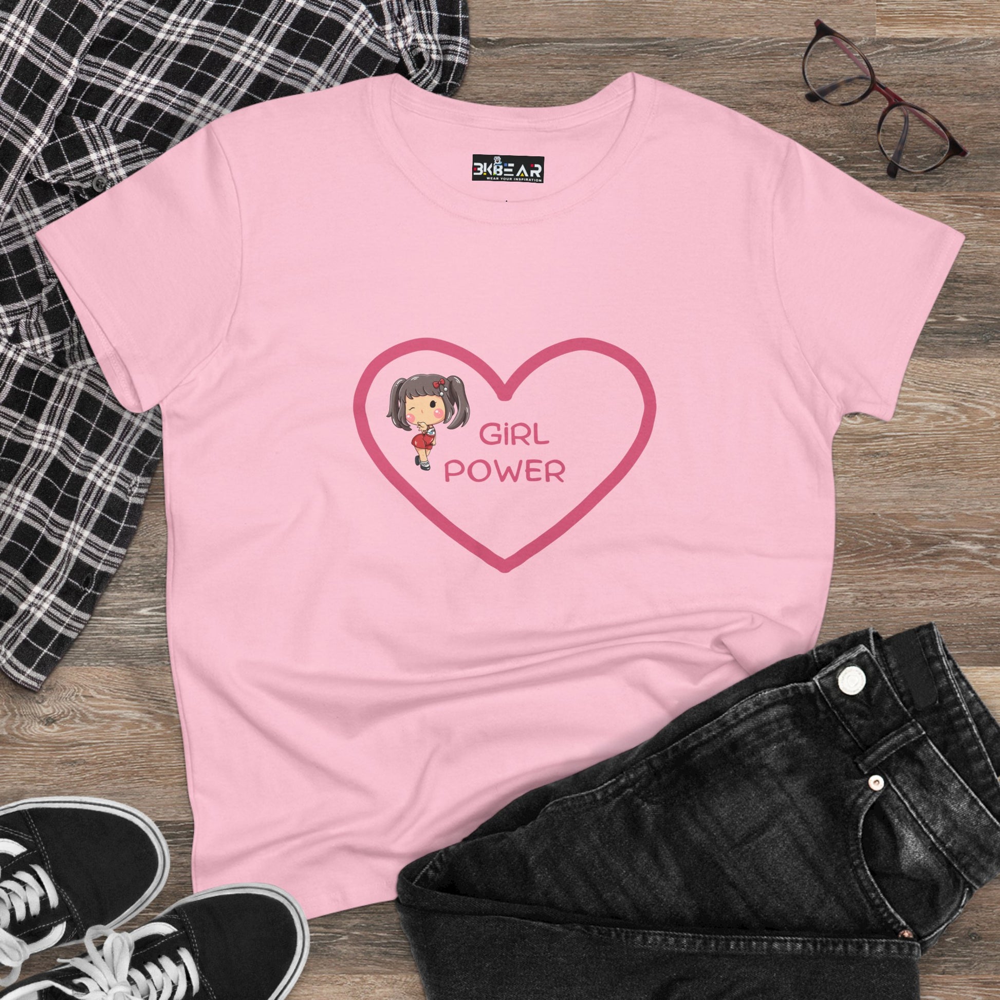 Pink girl power shirt with heart design and cartoon girl graphic by Printify