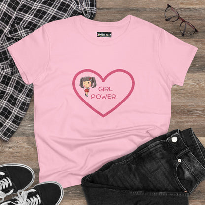 Pink girl power shirt with heart design and cartoon girl graphic by Printify