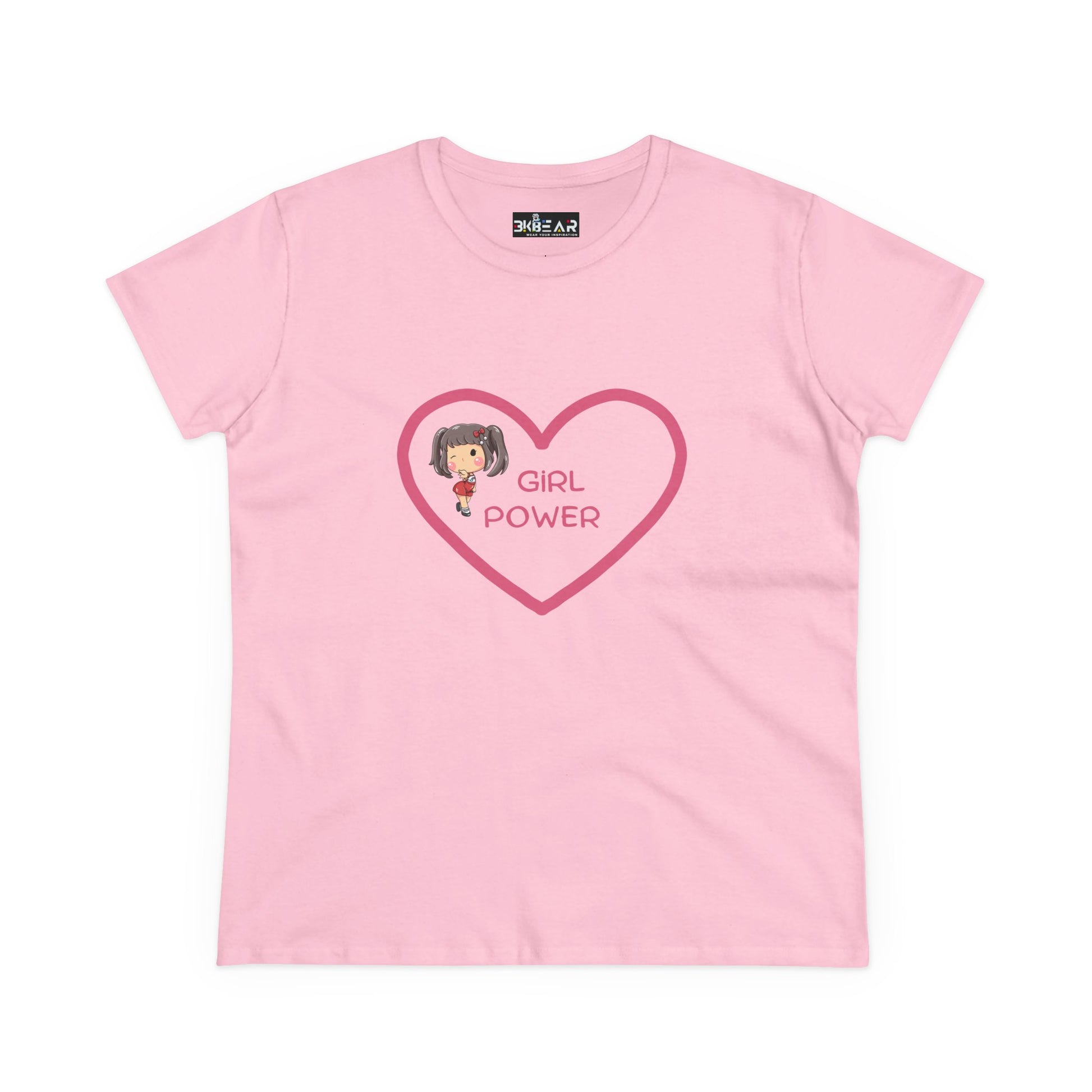 Pink Printify girl power shirt with heart and girl cartoon graphic on front