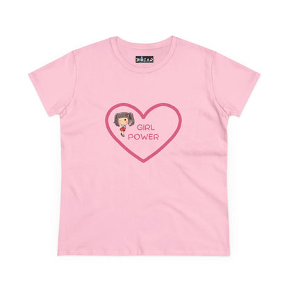 Pink Printify girl power shirt with heart and girl cartoon graphic on front