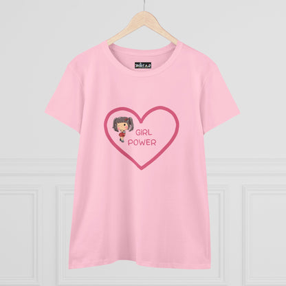 Pink girl power shirt with heart design and cartoon girl printed on front by Printify