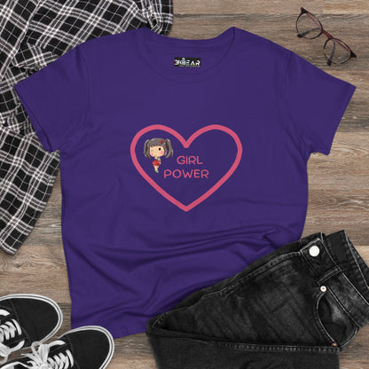 Purple girl power shirt with heart and cartoon girl graphic laid flat with jeans and sneakers