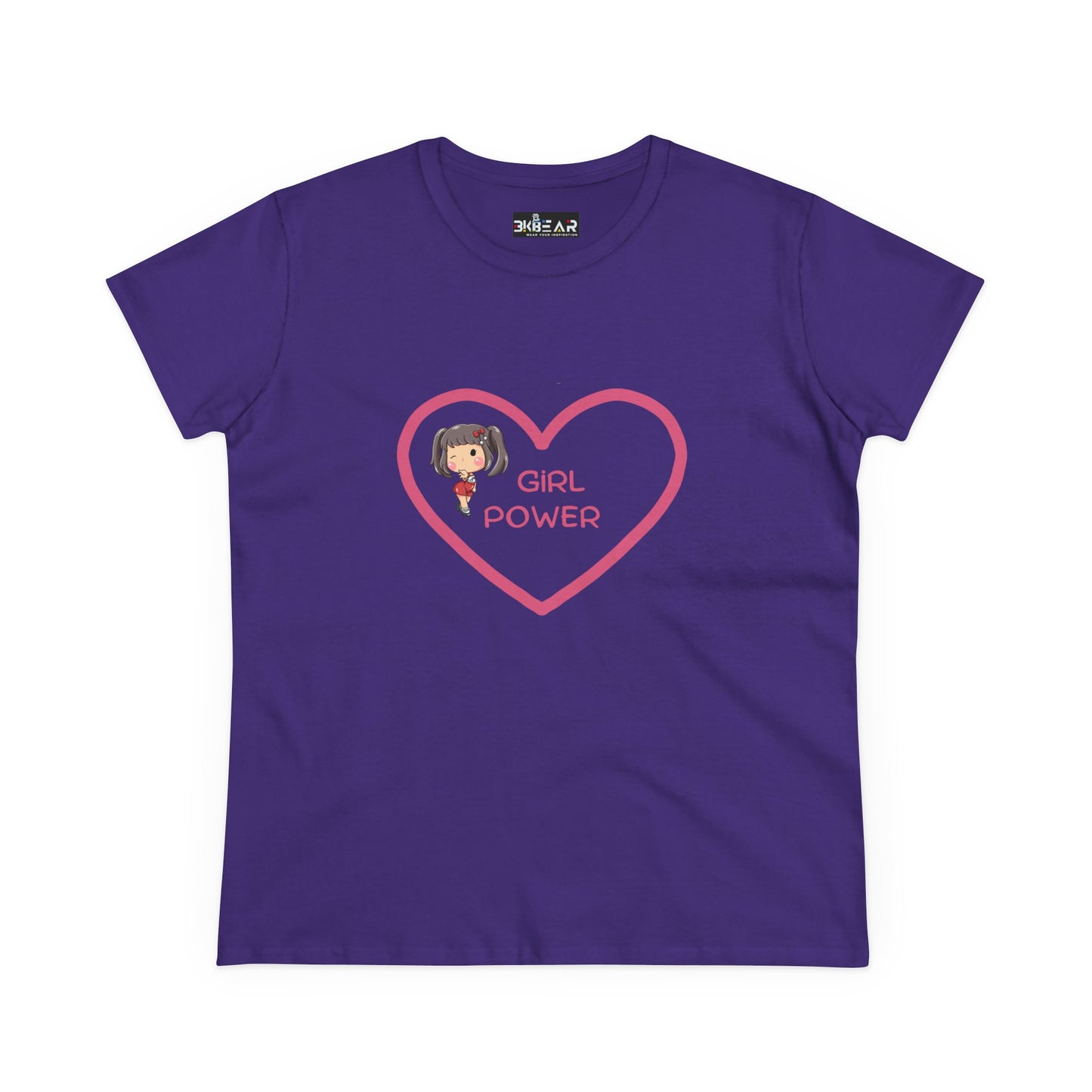 Purple girl power shirt with pink heart and cartoon girl graphic by Printify