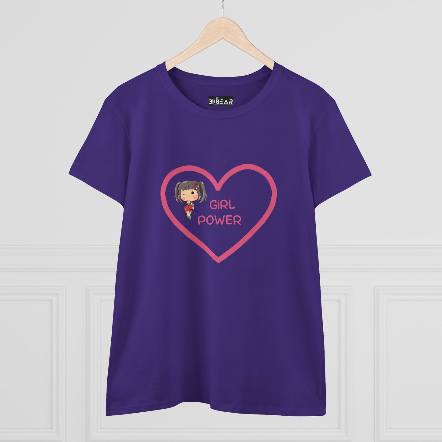 Purple Printify girl power shirt with heart design and cartoon girl graphic on front