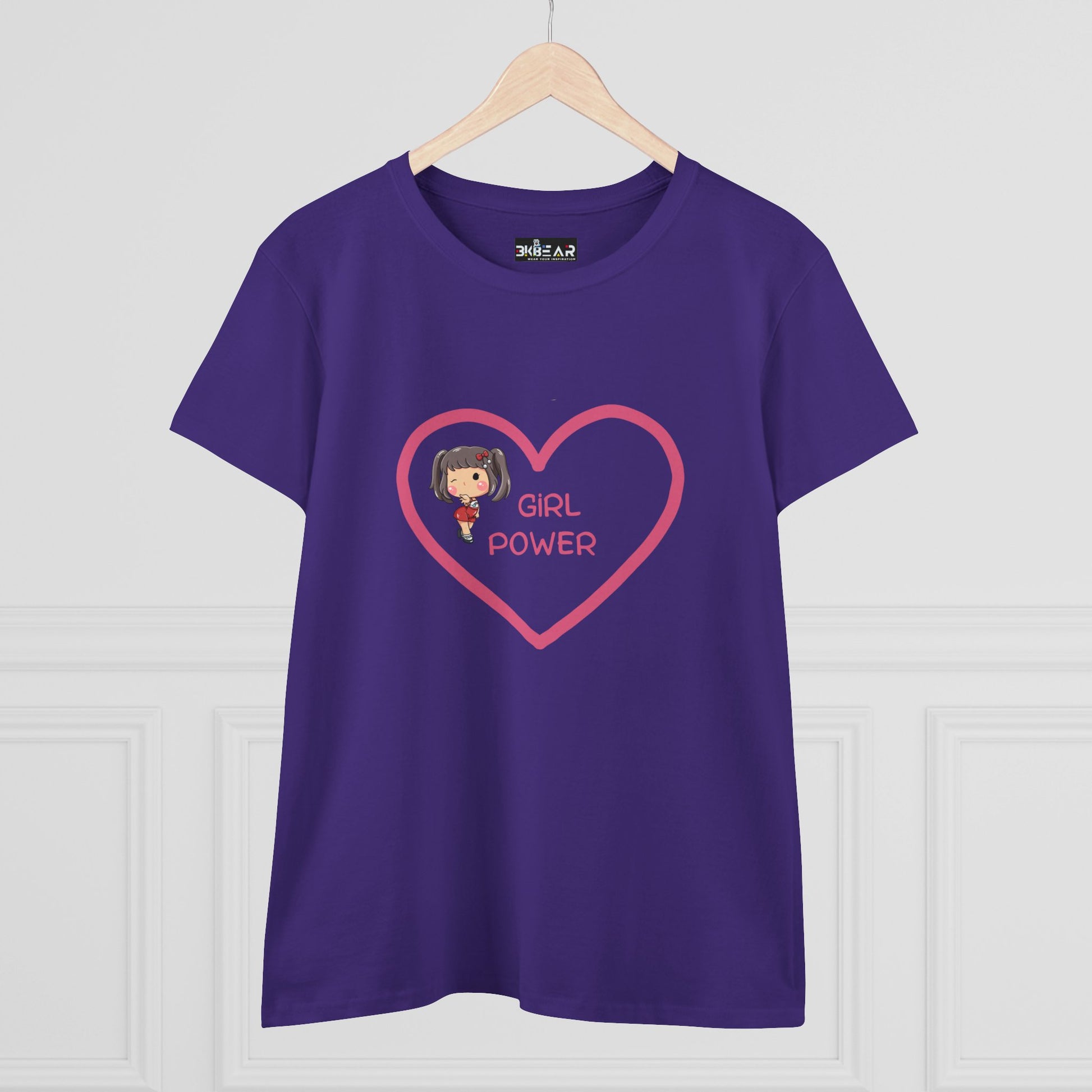 Purple Printify girl power shirt with heart design and cartoon girl graphic on front